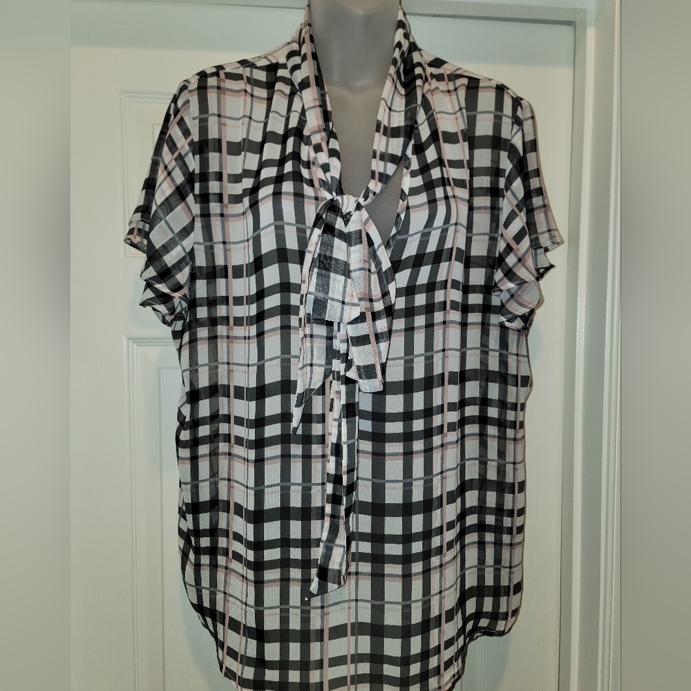 7th Avenue Design Studio NY & CO; Women's Plaid V-Neck Tie Blouse, Sz XL
